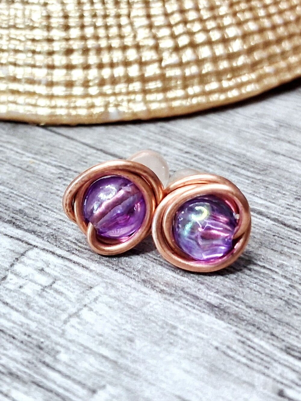 BOGO EARRINGS - Copper Wire Stud Earrings with Purple Iridescent Accents
